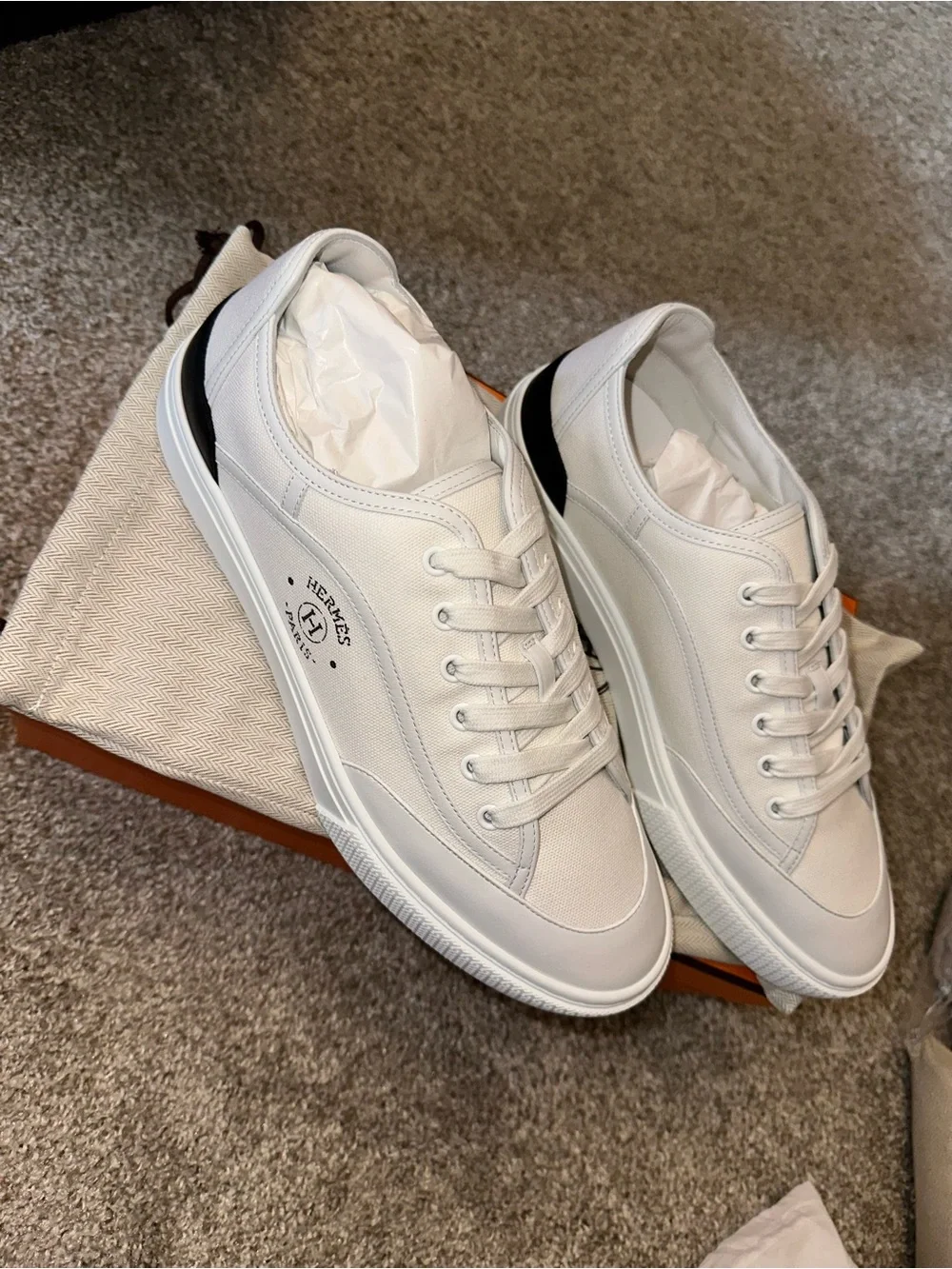 Hermes White Low-Top Leather Sneakers with Black Heel Tab